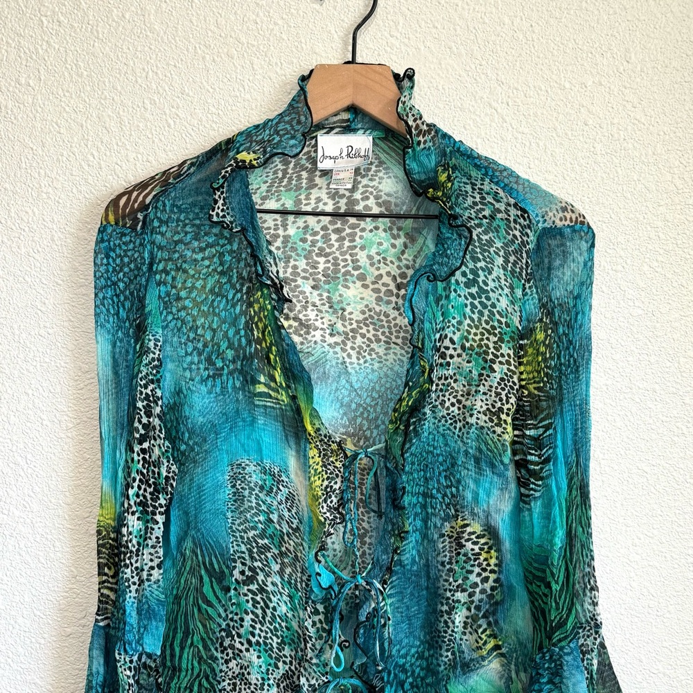 Joseph Ribkoff Women's Size 14 Front Tie Cardigan Sheer Animal Print Y2K Fairy - Picture 2 of 13